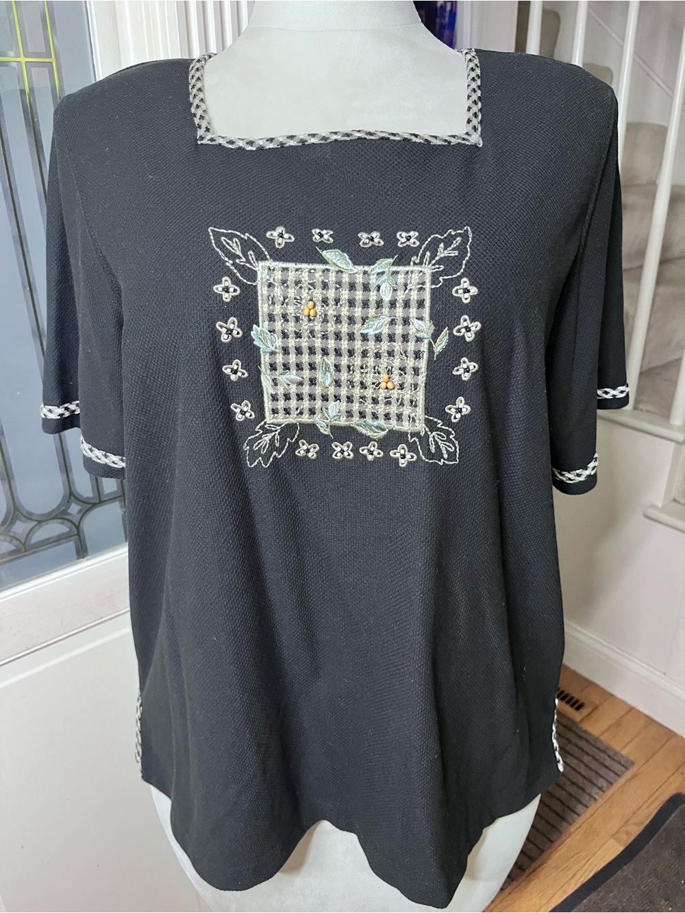 Koret City Blues Vintage Embroidered Textured Square Neck Top Size 1X